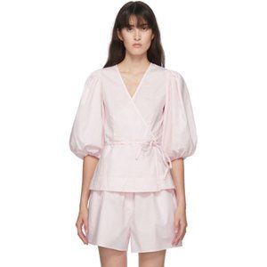 Ganni pink puff sleeve wrap blouse